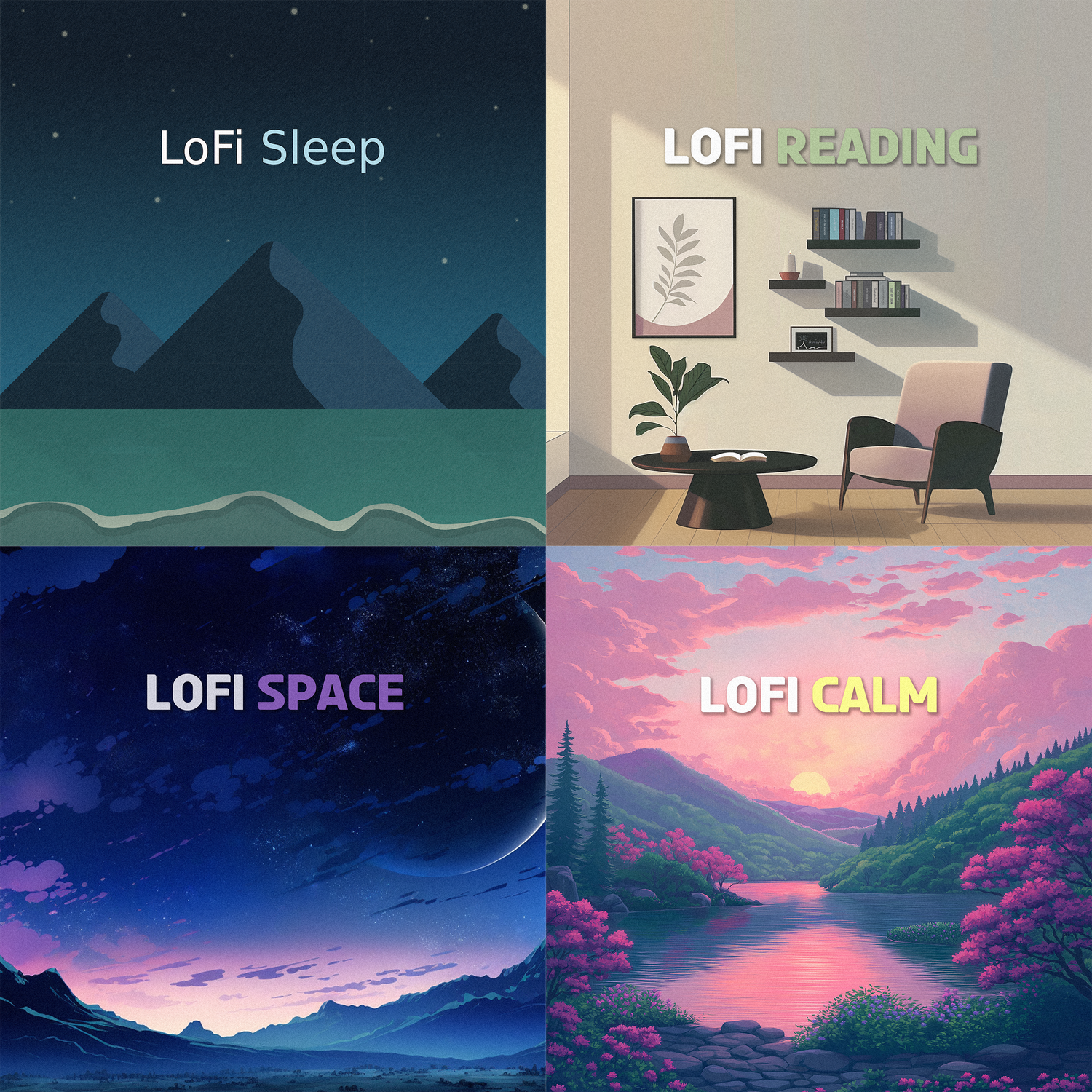 Playlist artwork four lofi playlists in one image. The playlists feature are 'LoFi Sleep', 'LoFi Reading', 'LoFi Space', and 'LoFi Calm' with corresponding landscapes and text.