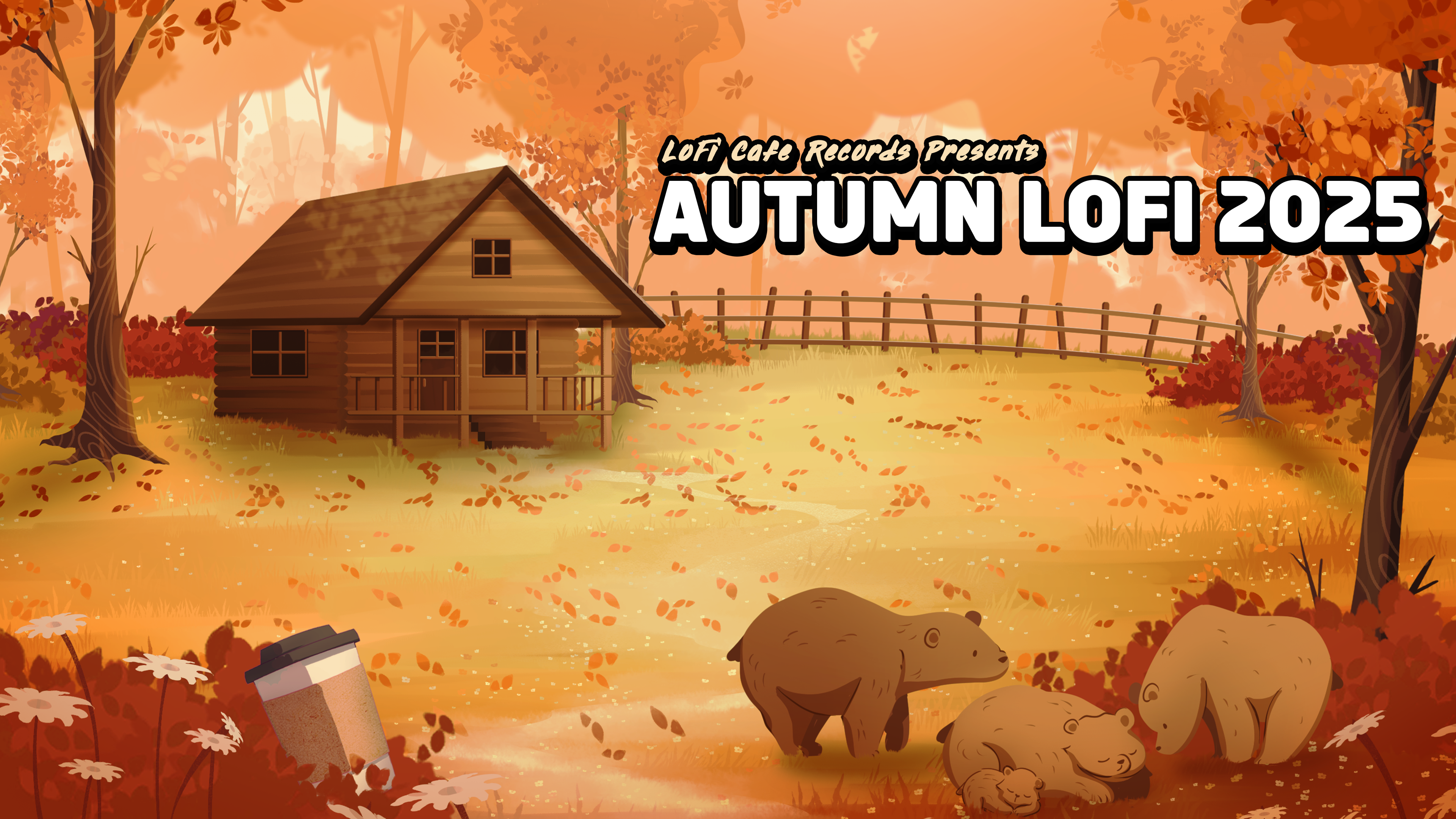 Load video: A YouTube video of LoFi Cafe Records&#39; Autumn Lofi 2025 album mix. The background of the video is a looping animation that depicts a wooden cabin scene in autumn with four bears in front of it.